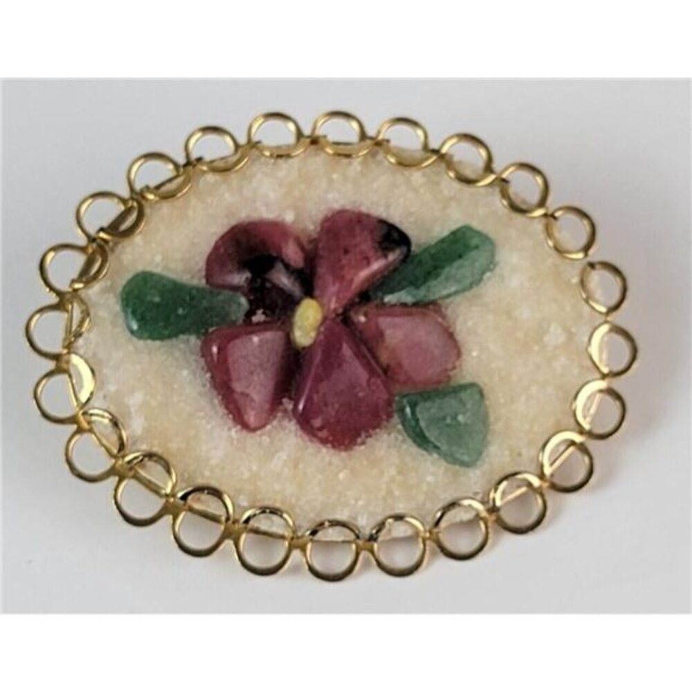 Vintage Floral Agate Brooch Oval 1.75 Inch Ruby Zoisite Gold-Tone Micro-Mosaic